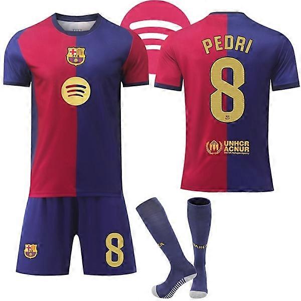 バルセロナのホームサッカージャージ、子供と大人、2024-2025(サイズ8の靴下を含む)、ペドリ#8。