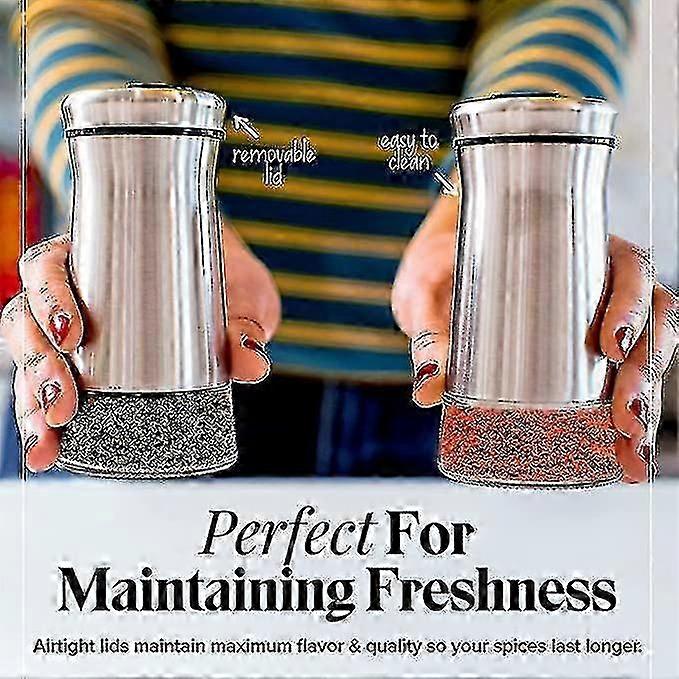 Salt & Pepper Shaker - Set Of Two Premium Stainless Steel Shakers W/ Adjustable Pour Holes - Dispensers W/ Lids For Spices, Sea & Kosher Salts