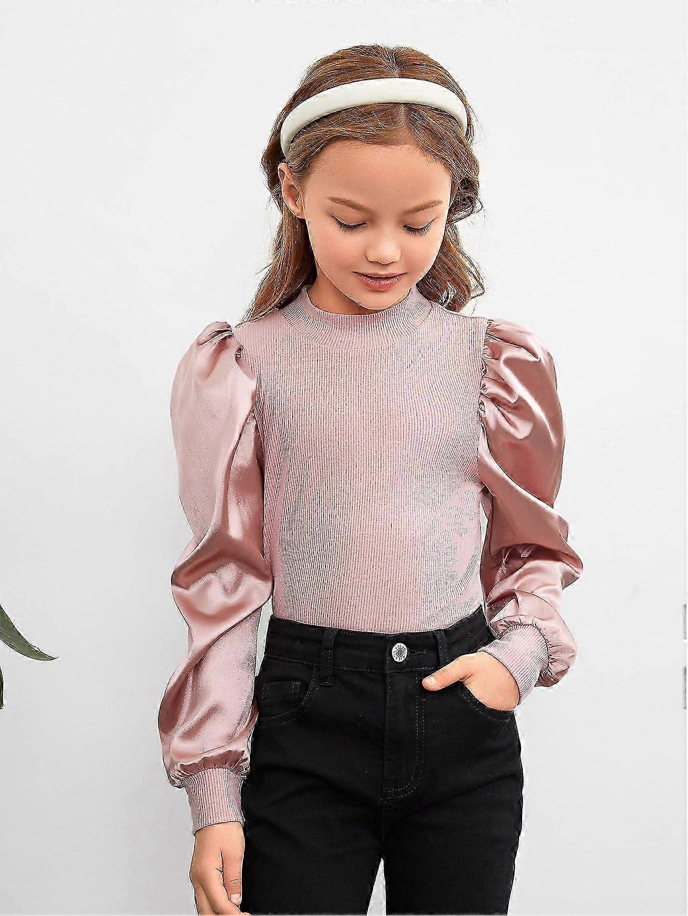 Tween Girl Casual Long Sleeve Knitted Top - Puff Sleeves, Stand Col...