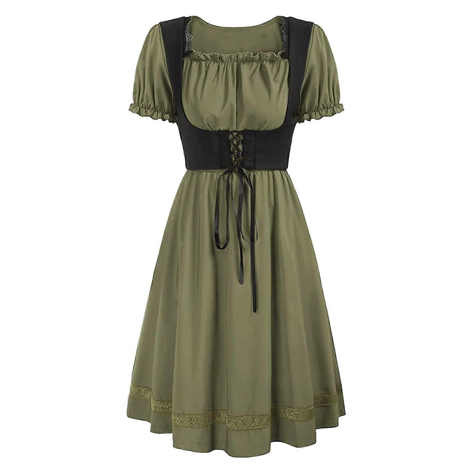 Women's Square Neck Short Sleeve Stage Show Dress Medieval Trouser Pattern, Army Green, M