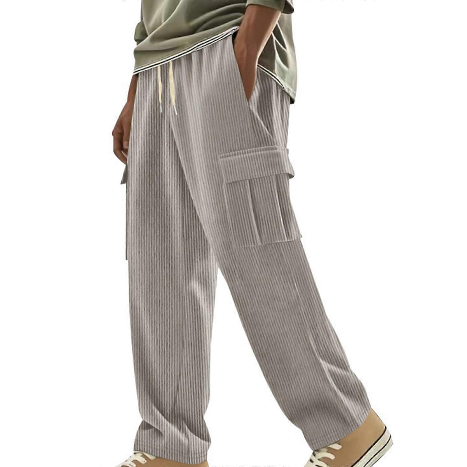 Men's Corduroy Pants Casual Cargo Pants Elastic Drawstring Waist Sweatpants with Multi Pockets  Gray XL