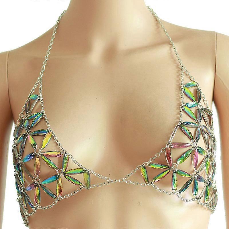 Sexy Women Flower Design Body Chain Bra Teardrop Beaded Bra Halter Bikini