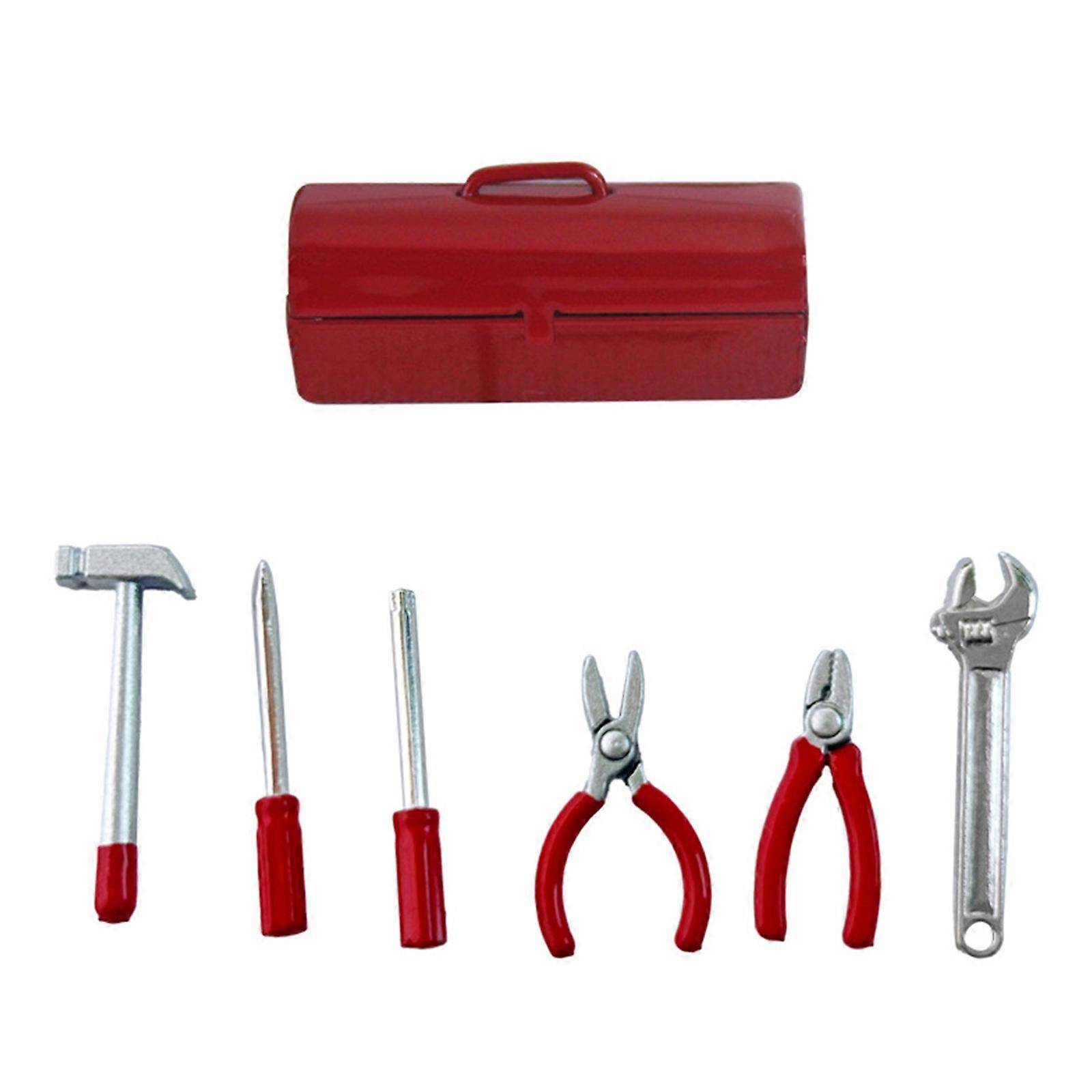 Realistic Tool Kits Minaiture Toolbox with Hammer Screwdriver Wrench for Children Pretend Play Doll House Scene Setting  Red