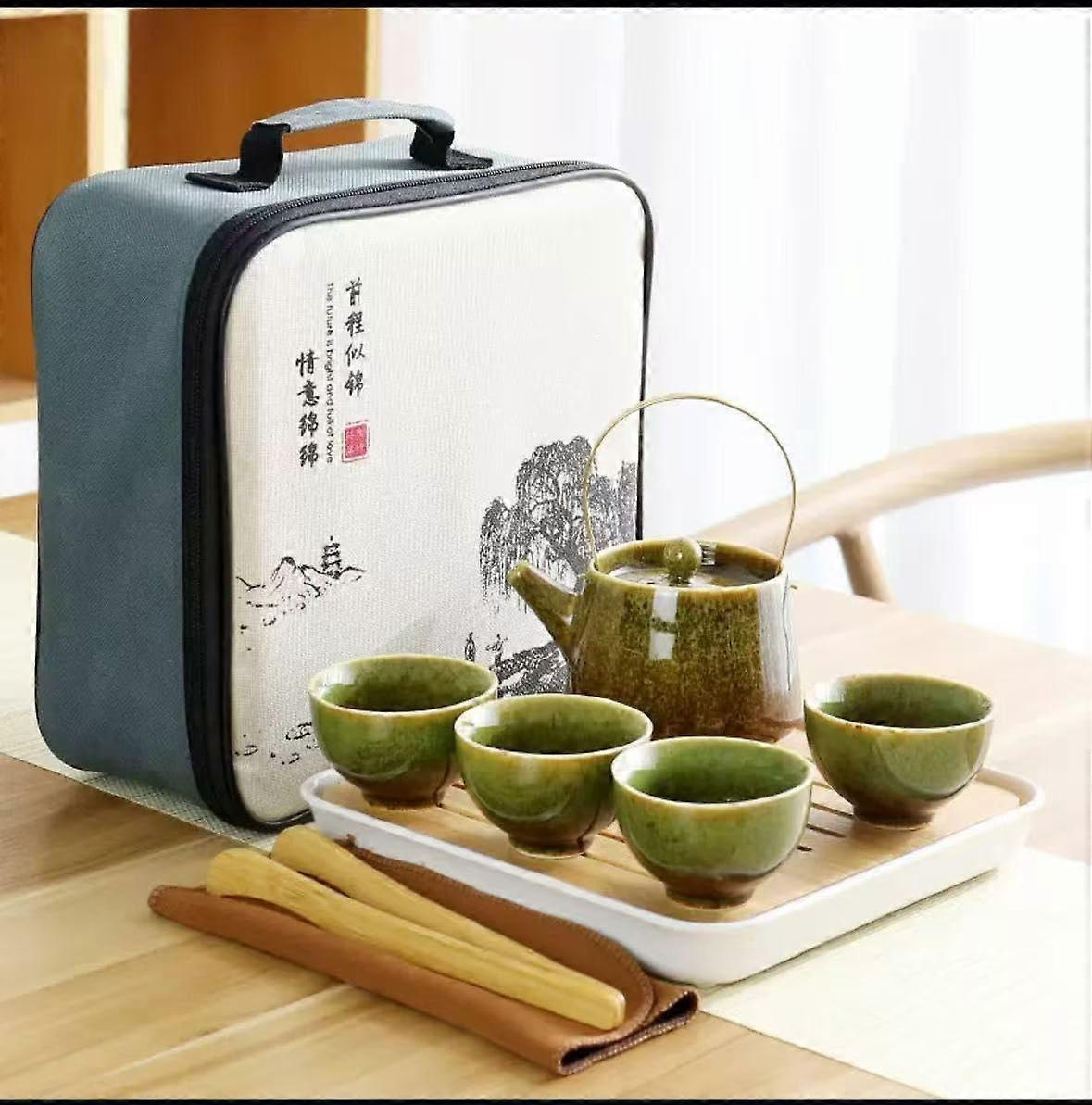 Porcelain Tea Set with Large Teapot, Tray and Filter for Chinese Gongfu Travel Picnic Green
