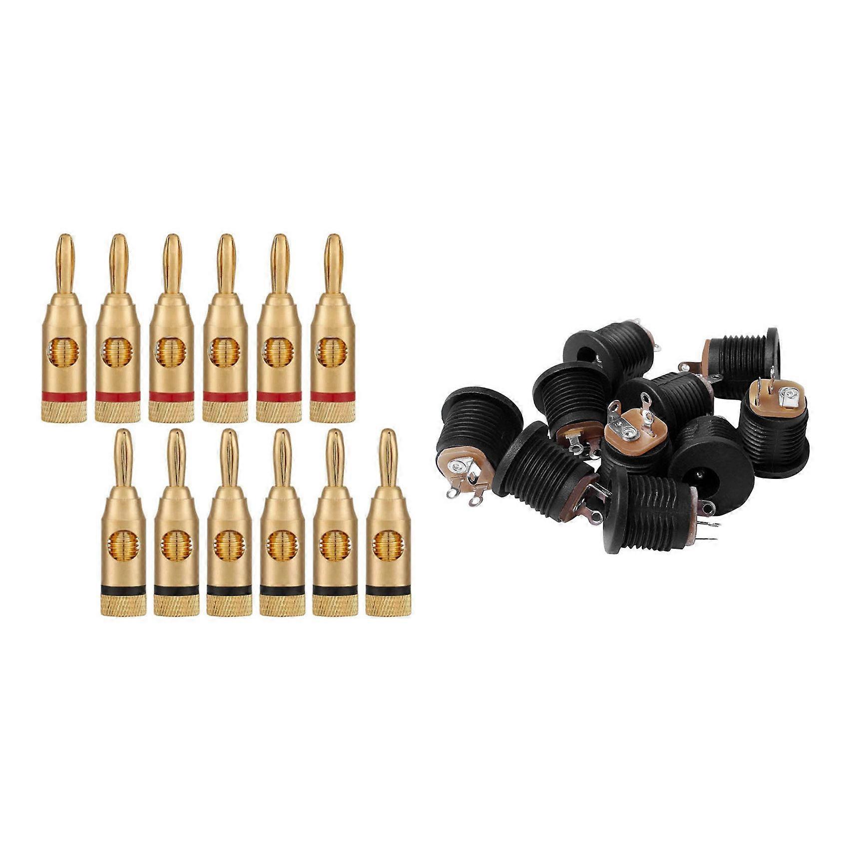 10 Pcs Panel Mount 2.1X5.5mm Power Jack DC Socket & 12 Pcs Gold-Plated Banana Plug or Connector (Open Screw Type)