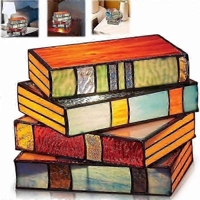 Stacked Book Lamp for Bedroom with Stained Glass Shade and Resin Base