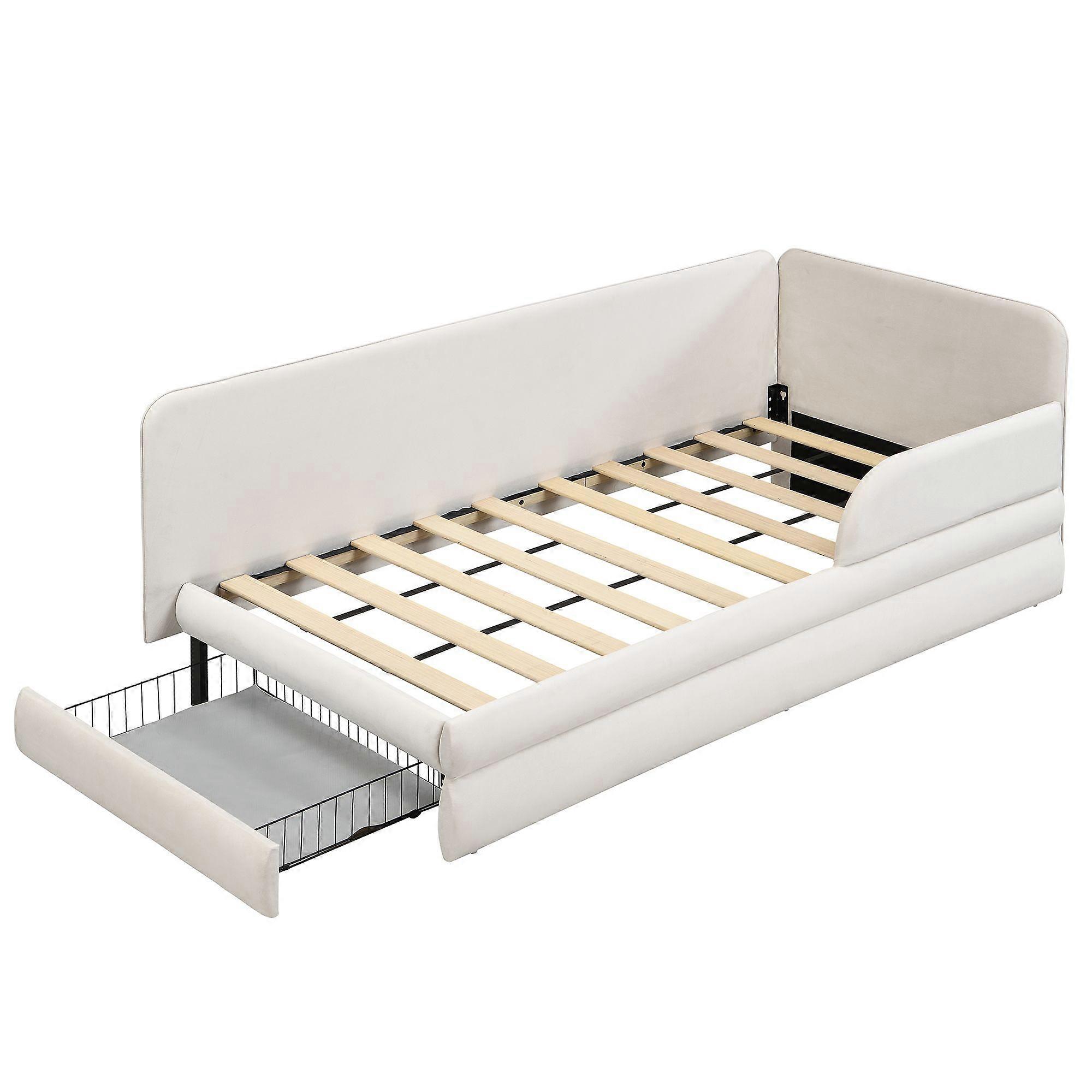 Single Upholstered Bed with Footboard Drawer and Rails