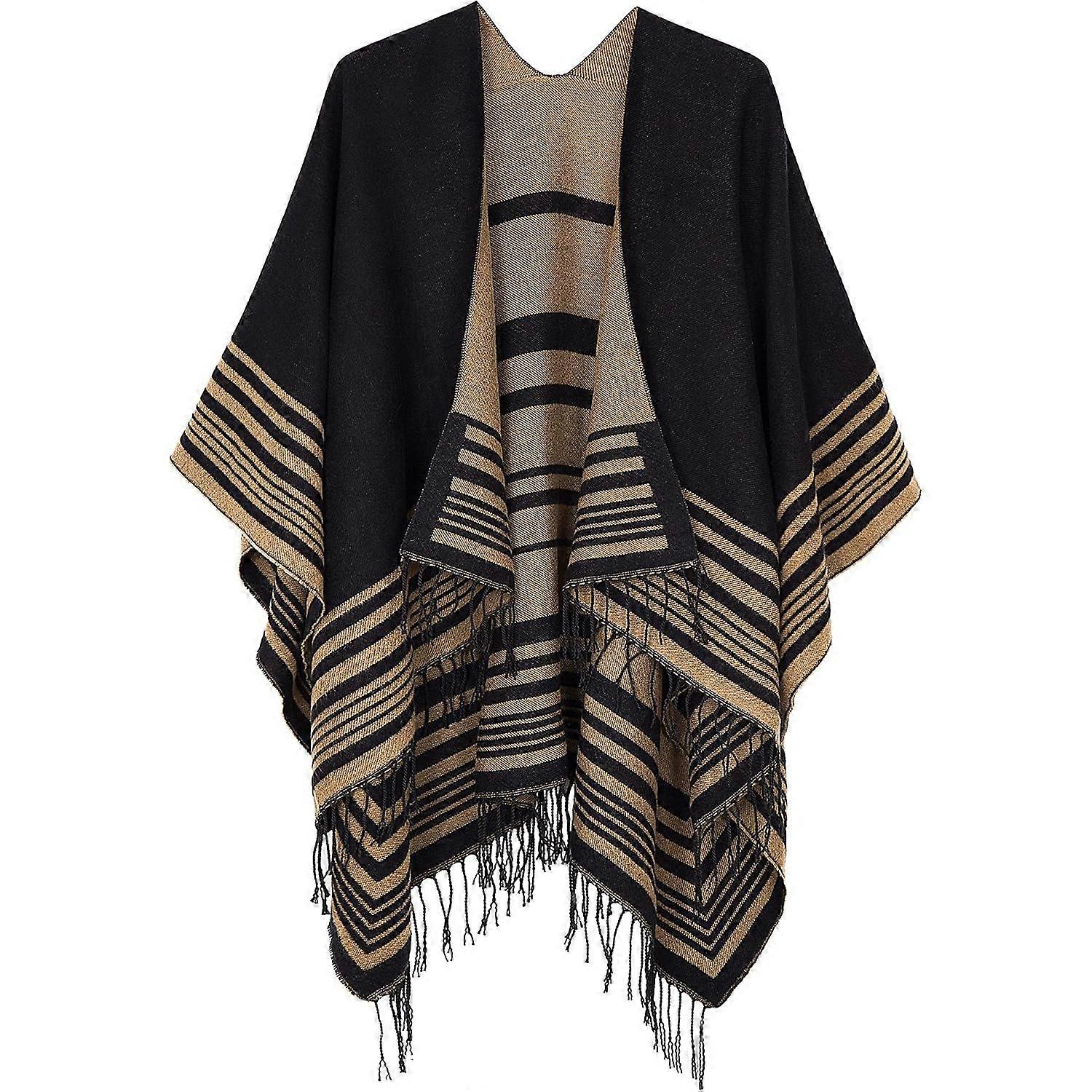 Women's Printed Cardigan Shawl with Front Fringe, Checkered Scarf with Puffed Corner Open Front with Wavy Shawl Wrap（Y0306）