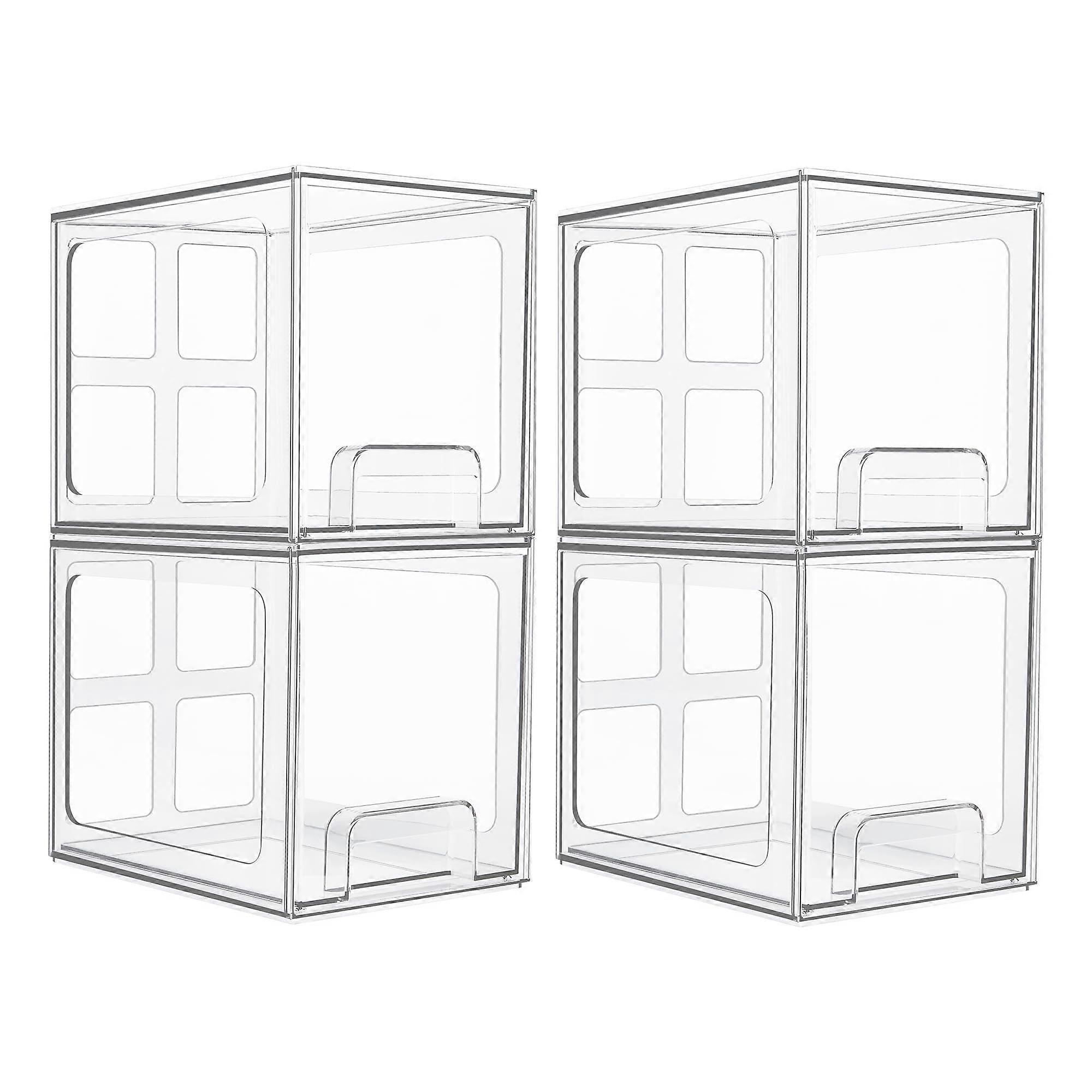 4 Pack Acrylic Storage Drawers, Clear Stackable Organizer with EasyAccess Handles for Bathroom, Vanity, Kitchen