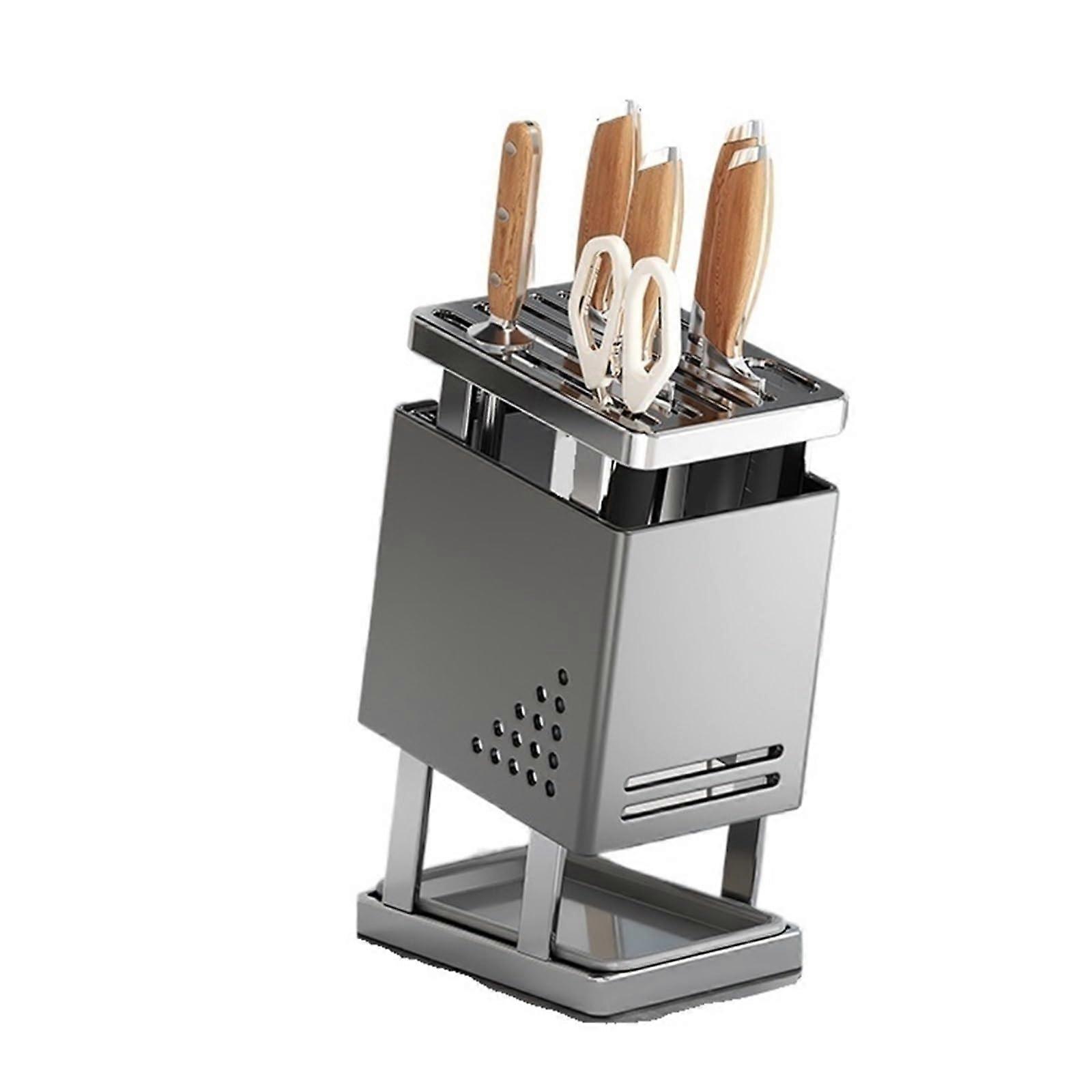 Stainless Steel Rotating Knife Holder with 360° Access and Organized Slots, Gun Gray Fixed Style