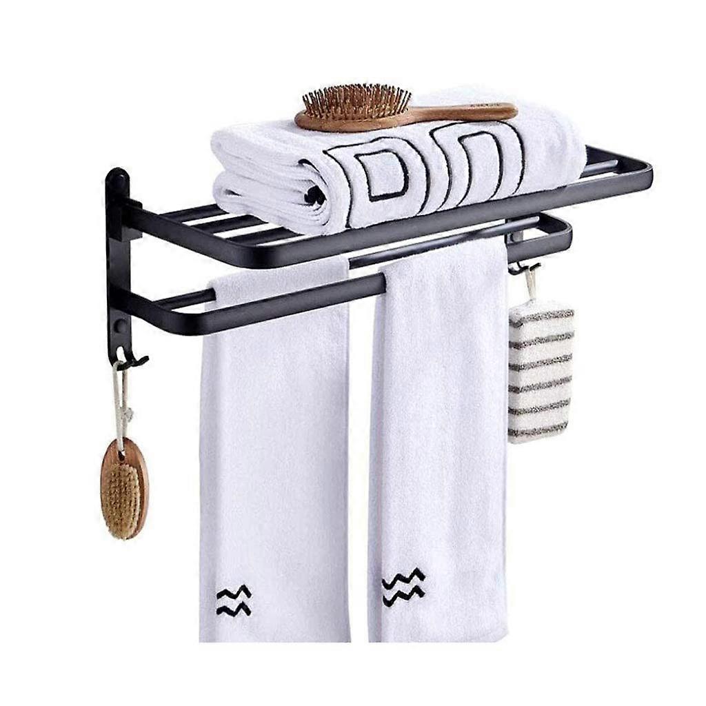 Wall Mounted Towel Rack with Shelf, Foldable Bar and Hooks, Rustproof Bathroom Storage, Black 49cm
