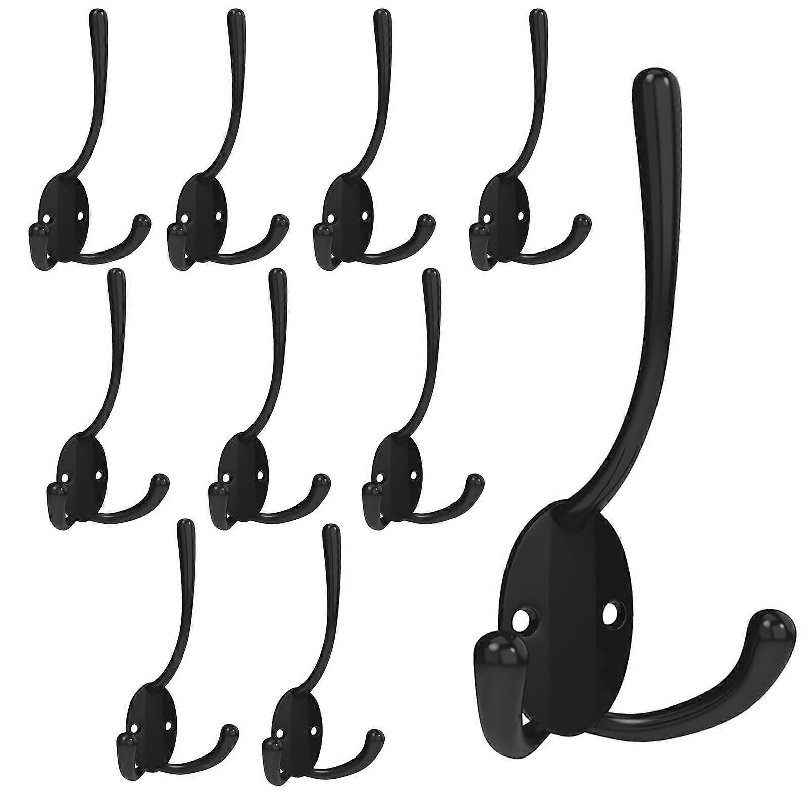 10 Pack Heavy Duty Wall Hooks Black Metal Coat Hooks Rustproof Waterproof Triple Hook Design