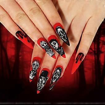 Halloween Long Stiletto Press On Nails Red Glossy Full Cover Gothic Fake Nails with Clown and Skull Designs