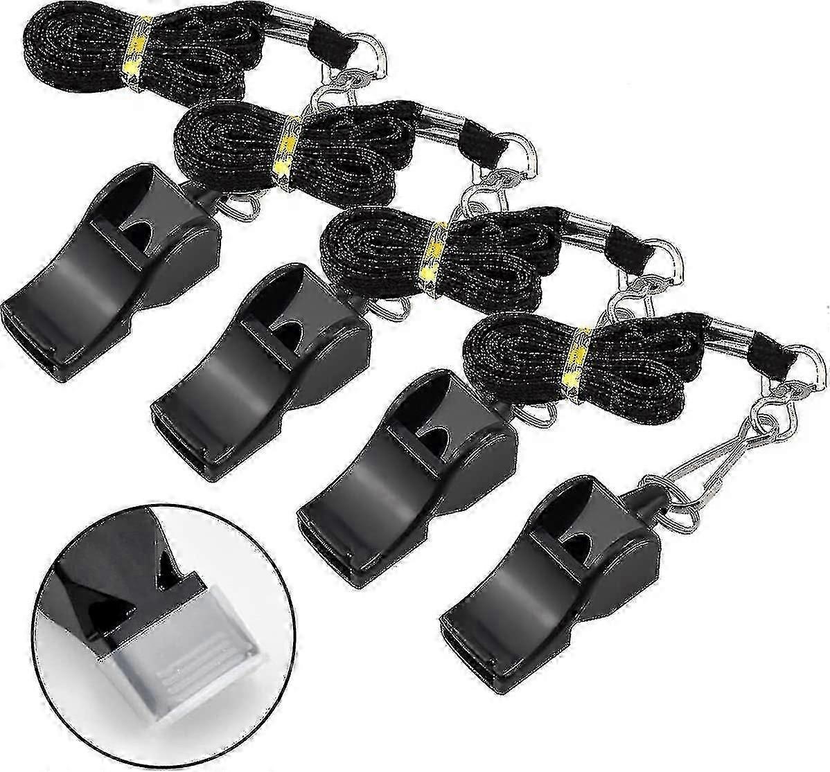 4 Pack Referee Whistle with Lanyard & Tooth Guard (Black)