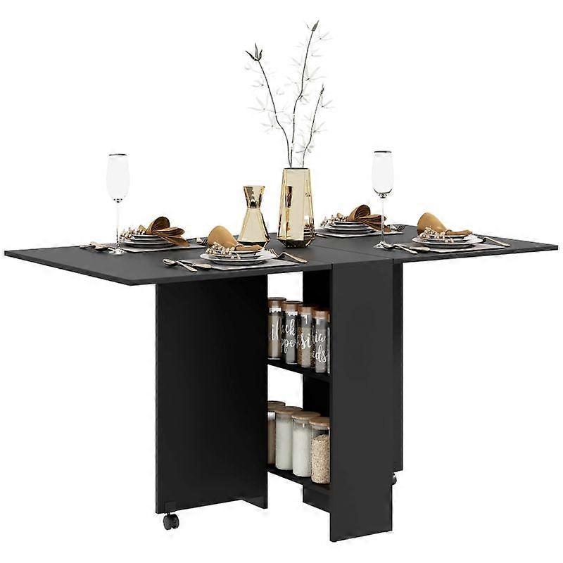 Foldable Dining Table, Extendable Drop Leaf Table with 2-tier Shelves, Small Dinner Table with Rolling Casters