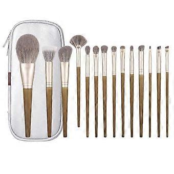14Pcs Walnut Makeup Brush Set with Silver Bag Soft Synthetic Fiber Beauty Tools