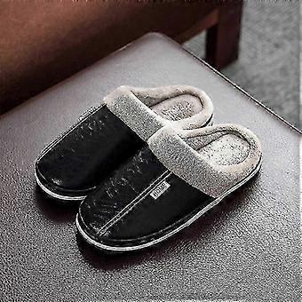 Big Size PU Leather Slippers compatible with Men and Women, Indoor Waterproof Home Couple Fur Slippers and Cotton Winter Shoes