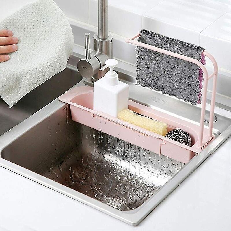 Telescopic Multi-Function Sink Rack Adjustable Drain Basket Rack for Home Kitchen - Pink