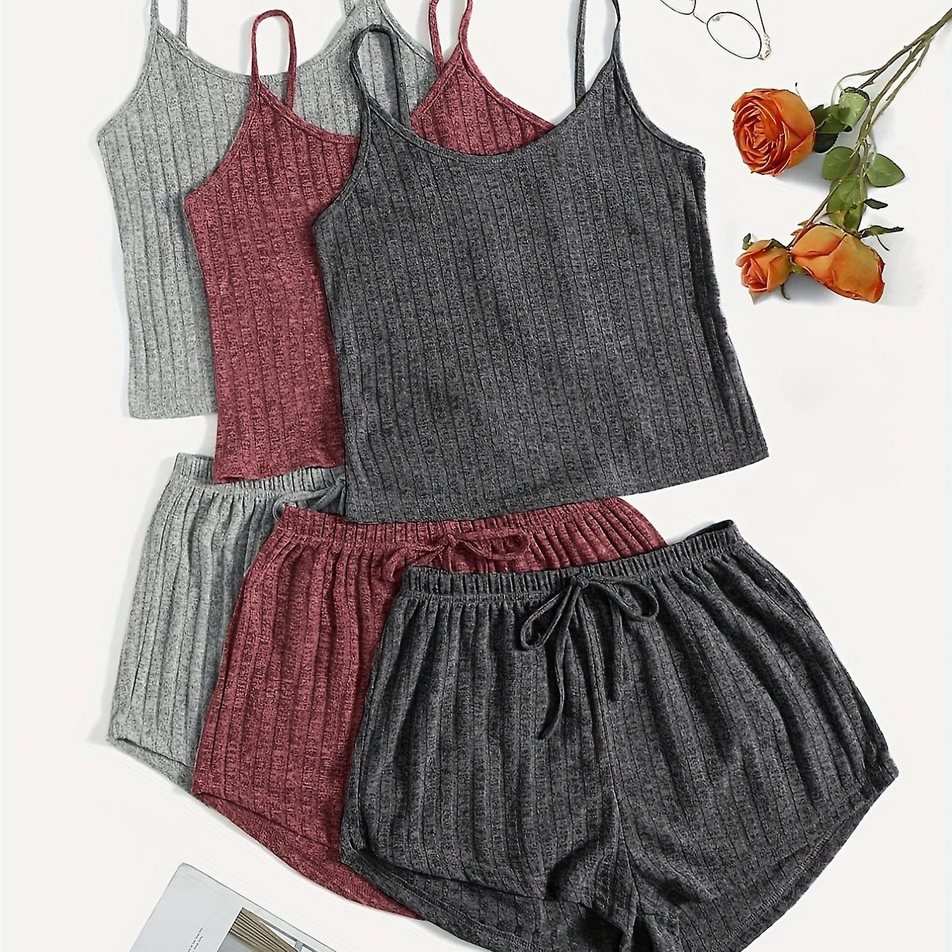 3 uppsättningar: solid pyjamasset, rund hals, Cami, topp &; snörshorts, dam, sovkläder och loungewear