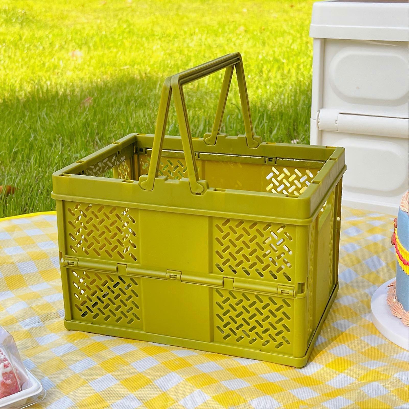 Folding Picnic Basket Stackable Storage Box Plastic Grocery Shopping Basket with Handles for Outdoor Home Olive Green