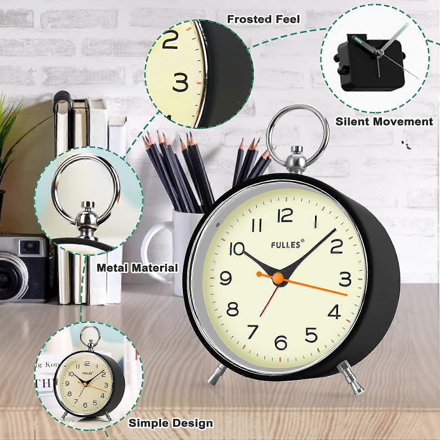 Tick-free analogue alarm clock with nightlight function Battery-powered round alarm clock (black)