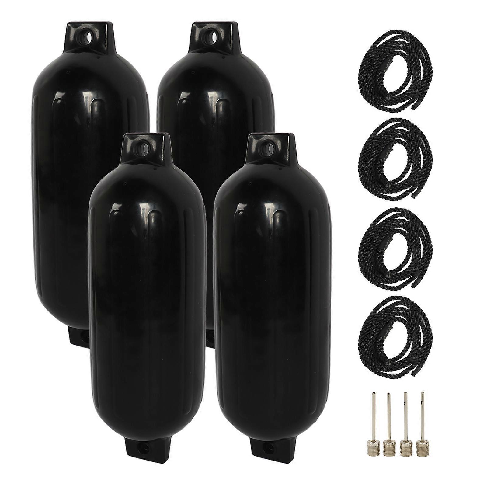 4 Pcs Inflatable Boat Bumpers PVC Ribbed Twin Eyes with 4 Ropes for Yachts Pontoons Buoys Docks Shield Protection Black E2U811