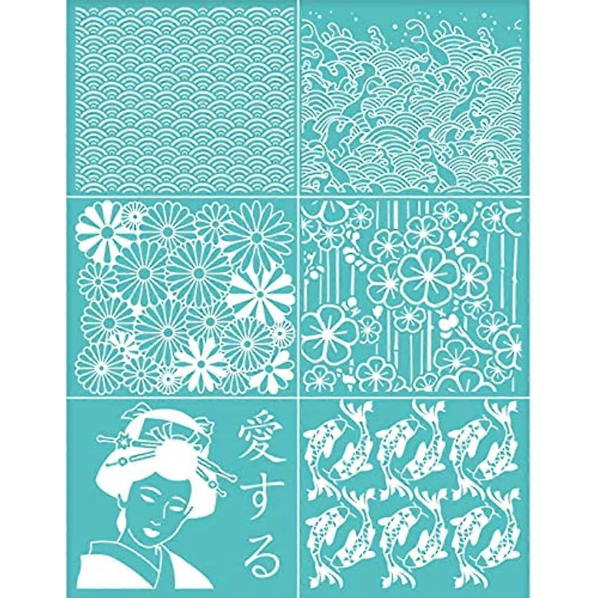 2pcs Japanese Traditional Style Self-Adhesive Silk Screen Printing Stencil Oriental Theme Mesh Transfers Silk Screen Reusable Stencil for Painting on