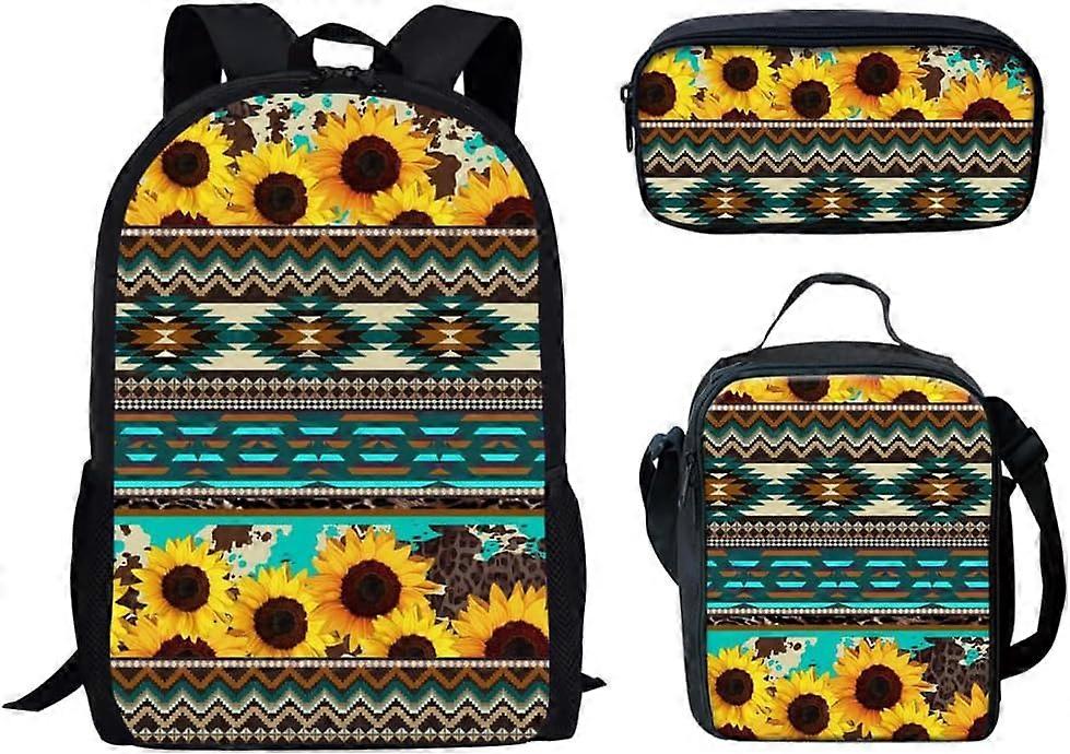 الأمريكيين الأصليين الأزتك عباد الشمس طباعة الاطفال حقيبة الظهر للبنين والبنات مع حقيبة قلم رصاص معزولة لصندوق الغداء خفيفة الوزن 3 قطع حقيبة ظهر كومبو K