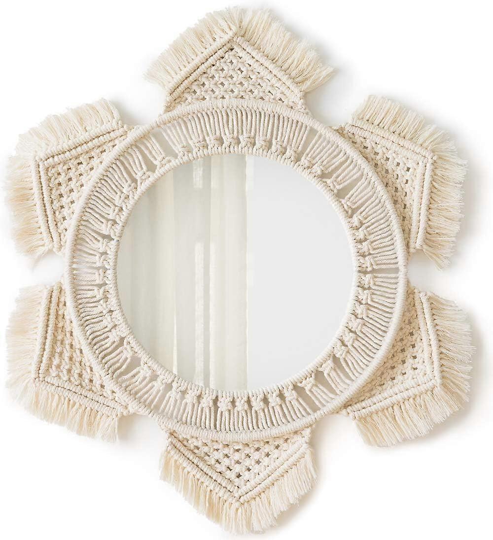 Hanging Wall Mirror Round Nursery Decor Boho Mirror with Macrame Fringe