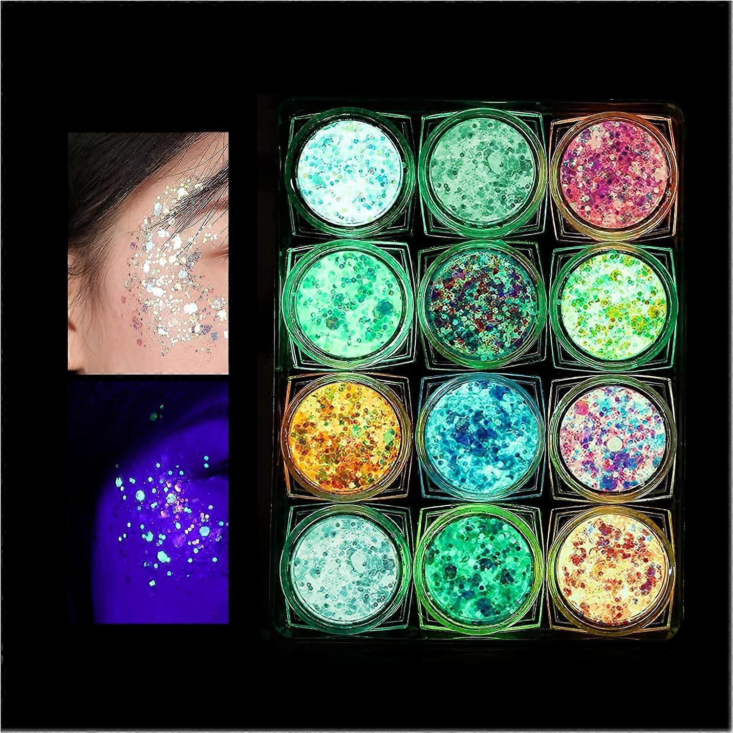Fluorescent Sequin, 12 Colours Fluorescent Glitter Make-Up Glitter Sequins, Glitter Holographic Sequins Set, Glow in the Dark Chunky Festival Glitter