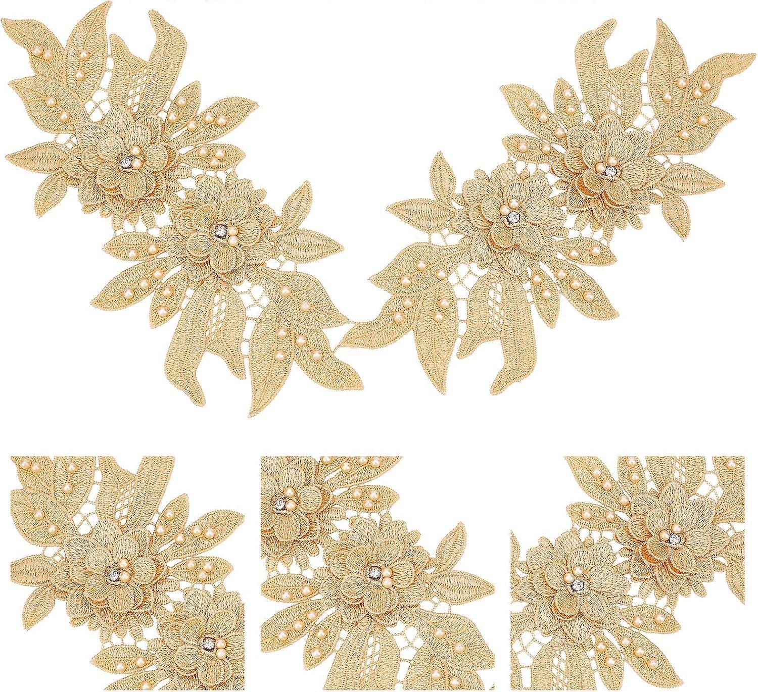 2 Pairs 3D Lace Applique Patches Goldenrod Sew on Embroidery Lace Flower Patches Floral Motif Beaded Rhinestones Lace Trim Fabric Pearl Appliques for