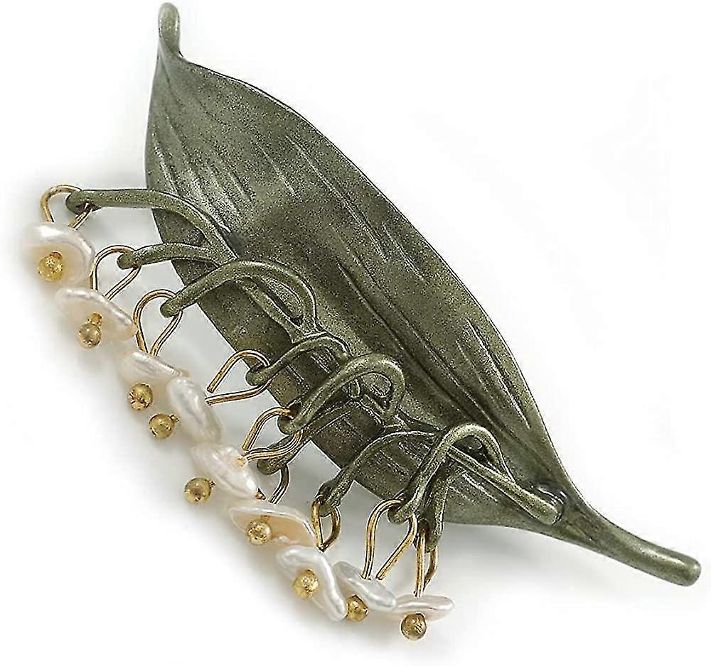 Delicate Lily-of-the-valley Enamel Floral Large Brooch In Silver Tone - 55mm Long