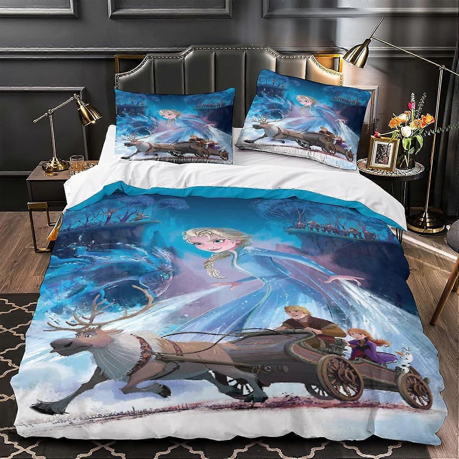 Frozen D Elsa Pattern Bedding Set Duvet Cover Quilt Cover Piece Sets with Pillowcases Suitable for Boys Girls, with Iron 135*200 CM