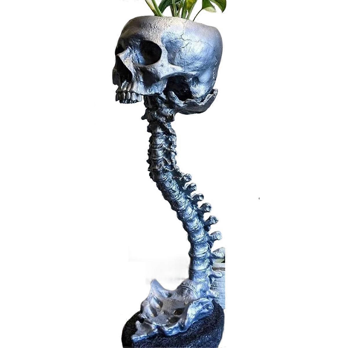 Resin Skull Planter & Spine Stand Set, Polyresin Skulls Pot, Halloween Decoration Retro Human Skull