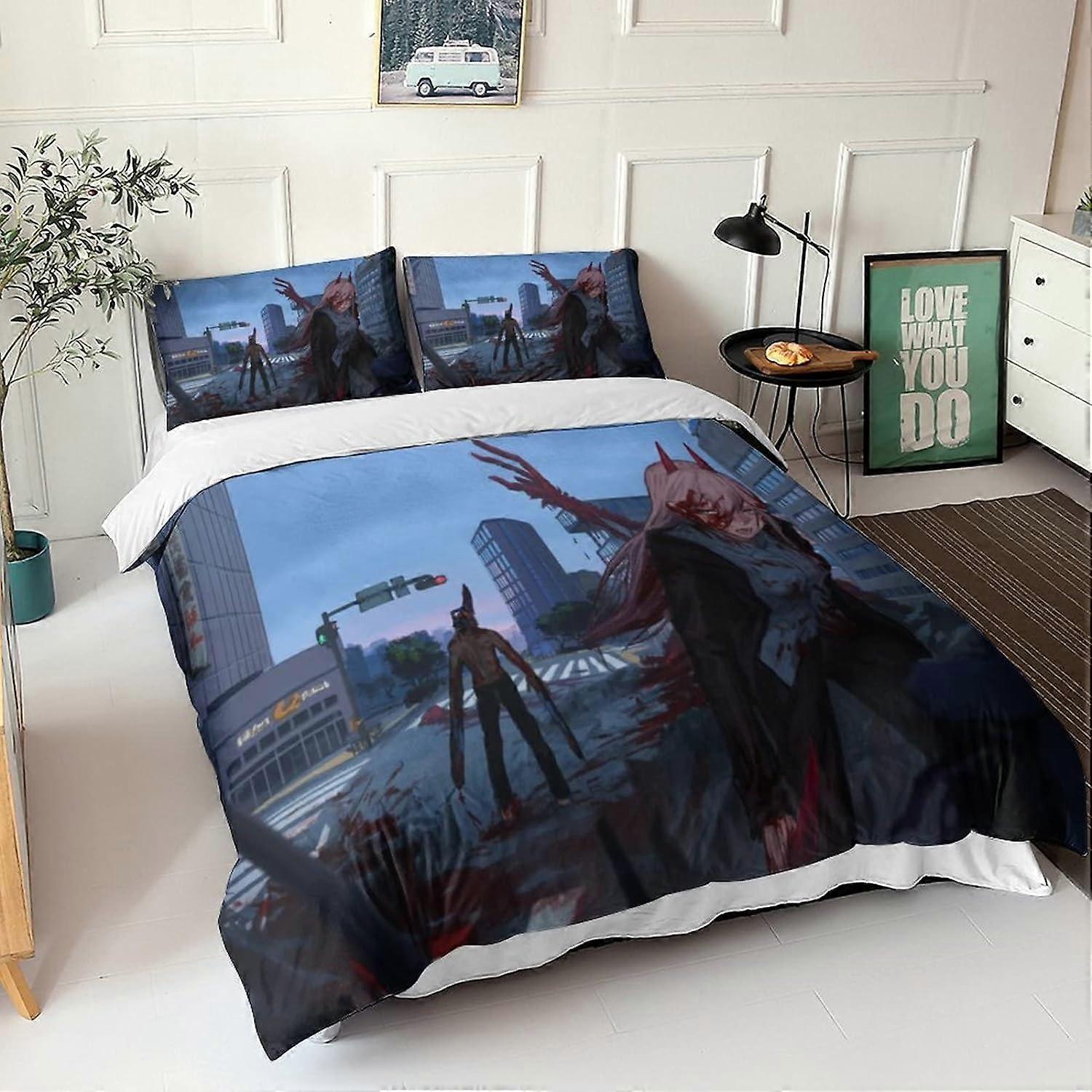 Microfiber Chainsaw Man Sängkläder Set D med påslakan + örngott Motorsåg Man Sängkläder Set Pieces med dragkedja för vuxen 135 * 200 CM