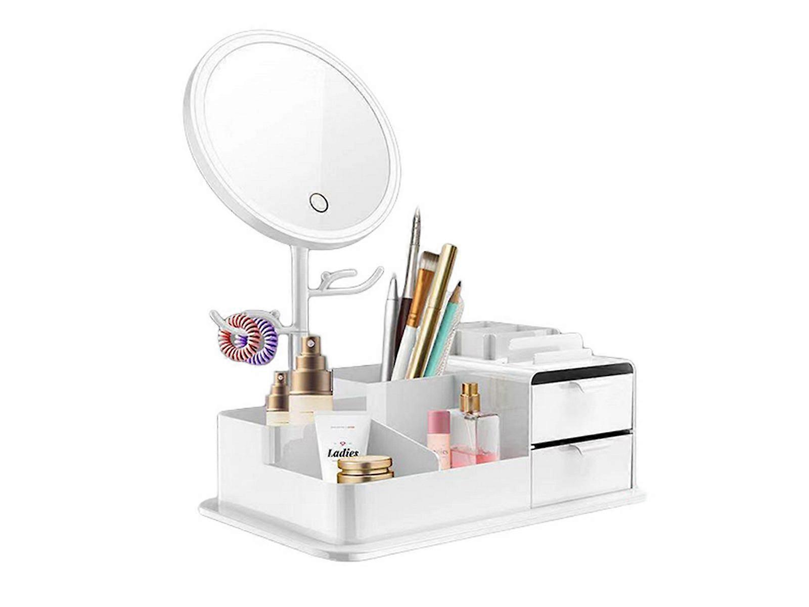 Cosmetics Storage Box with LED Makeup Mirror White