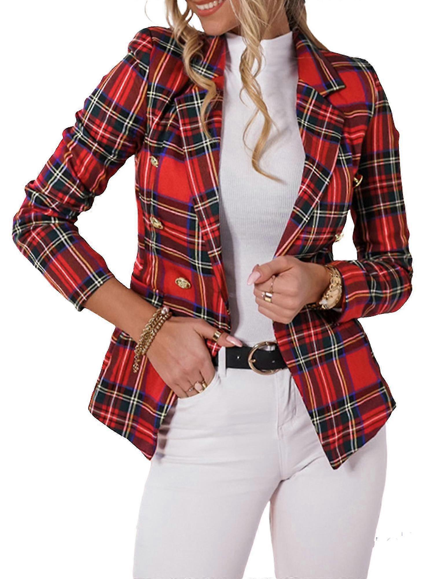 Naisten Tartan Button Pitkähihainen bleiseri Naisten tyylikäs slim fit takki takkipuku