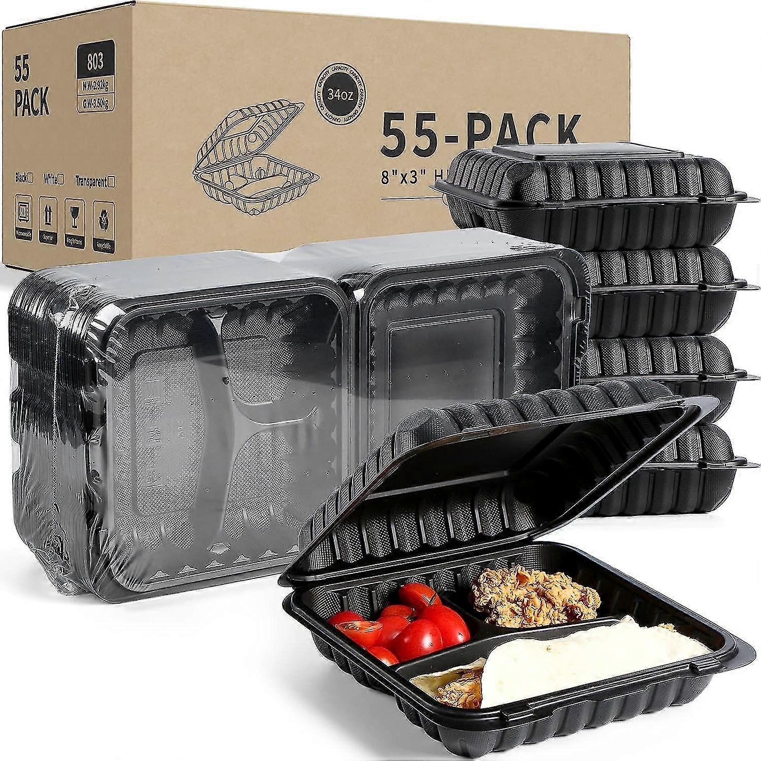 Clamshell Food Containers, Shrink Wrap Biodegradable 55 Pack 8 Inch To Go Containers Bpa Free Microwave Freezer Safe Plastic Hinged Clamshell Take Out