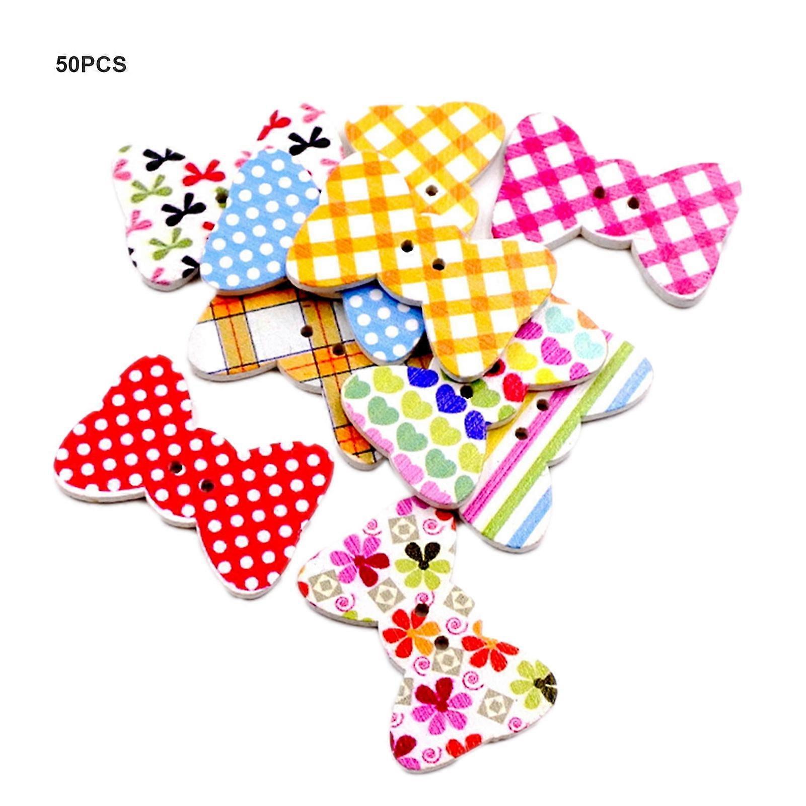 50Pcs Bow Tie Shape Mixed Color 2 Holes Wooden Buttons DIY Sewing Accessories
