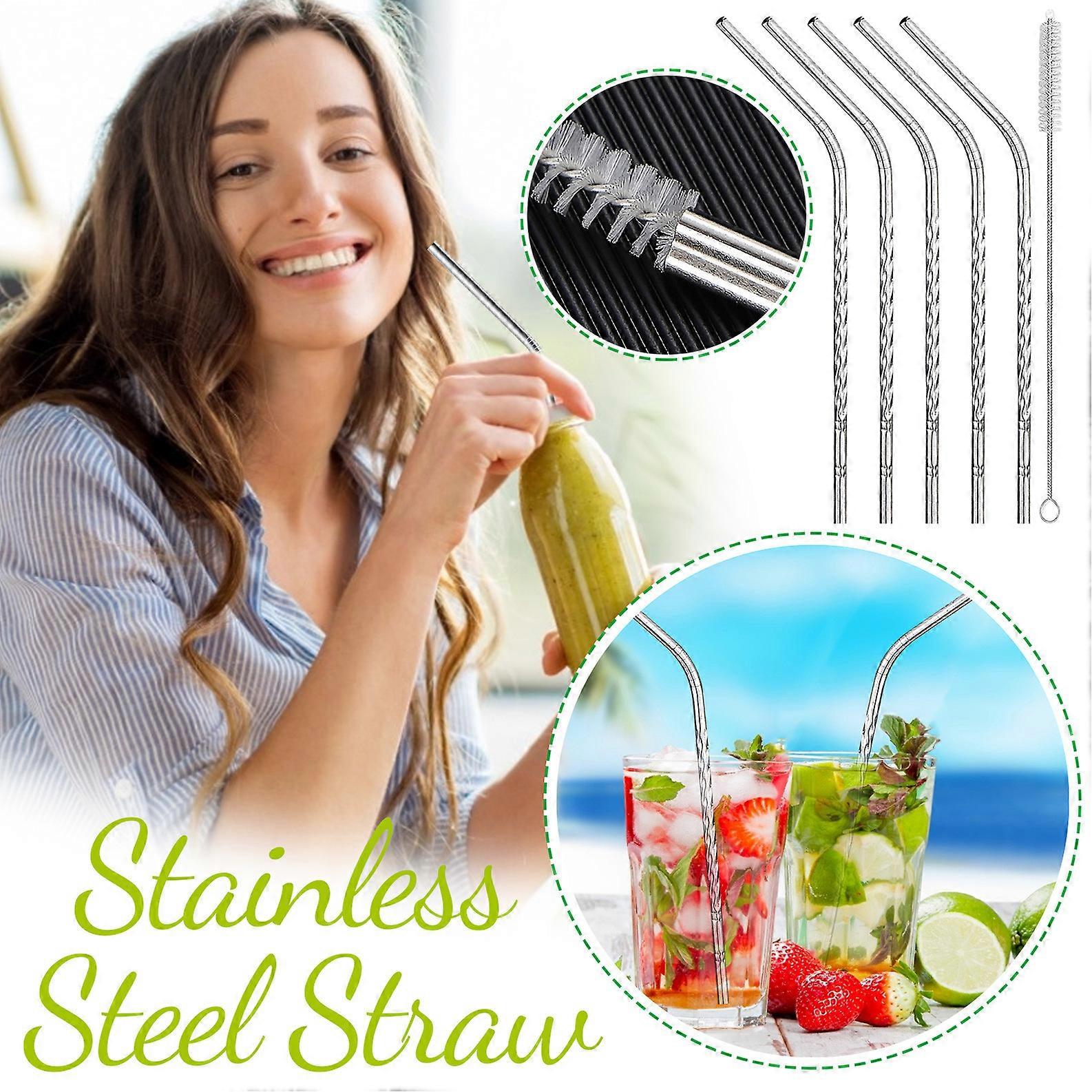 5PC Straw Spiral Reusable Direct Drinking Straw Stainless Steel Straw With Brush