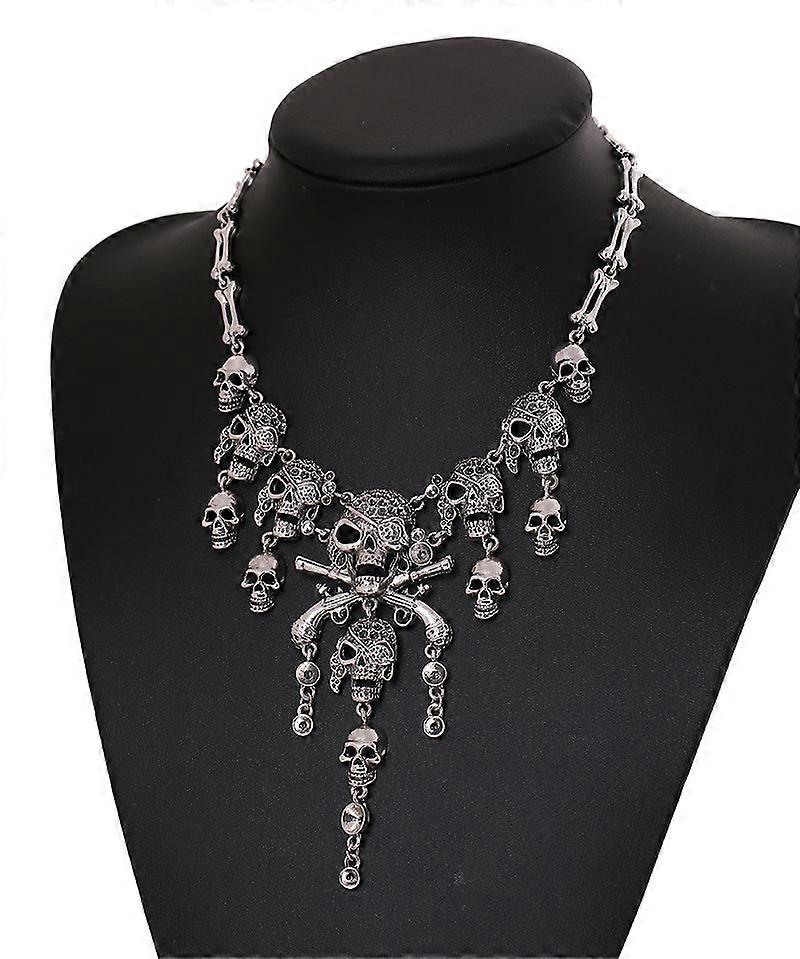 Halloween retro exaggerated multi-layer skull ghost head tassel alloy necklace