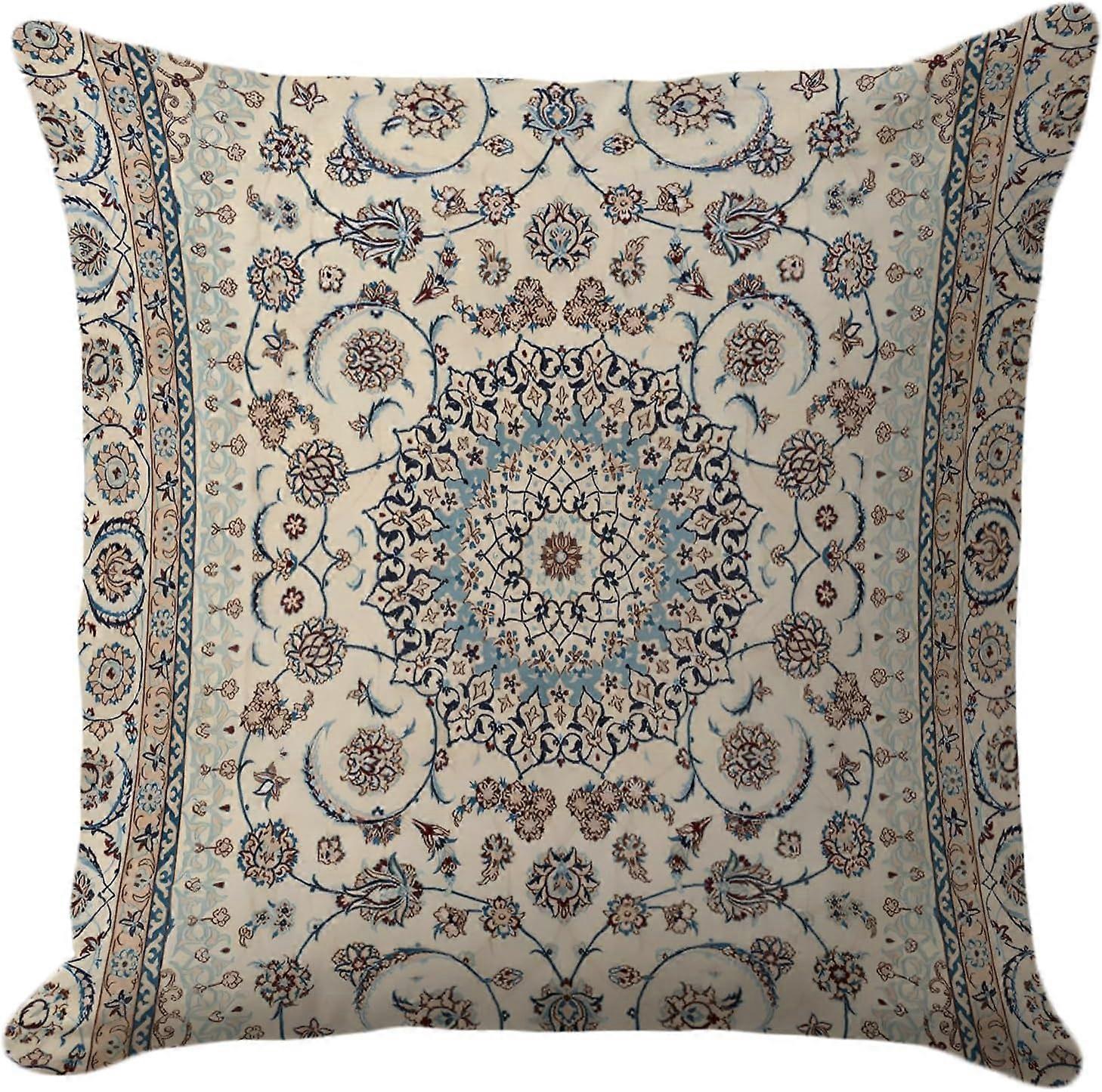 Ethnic Bohemian Pillow Covers 18X18 Inch - Vintage μπεζ περσικό σχέδιο χαλιών με λεπτές μπλε floral πινελιές, διακοσμητική θήκη μαξιλαριών για το σπίτι Δεκ