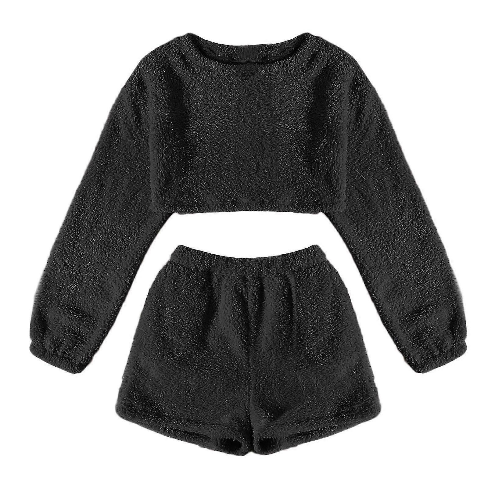 Women's Fuzzy Lounge Casual Pajamas Sets Long Sleeve Fleece Pullover And Shorts Pants Set 2 Piece Fluffy Loungewear Sleepwear