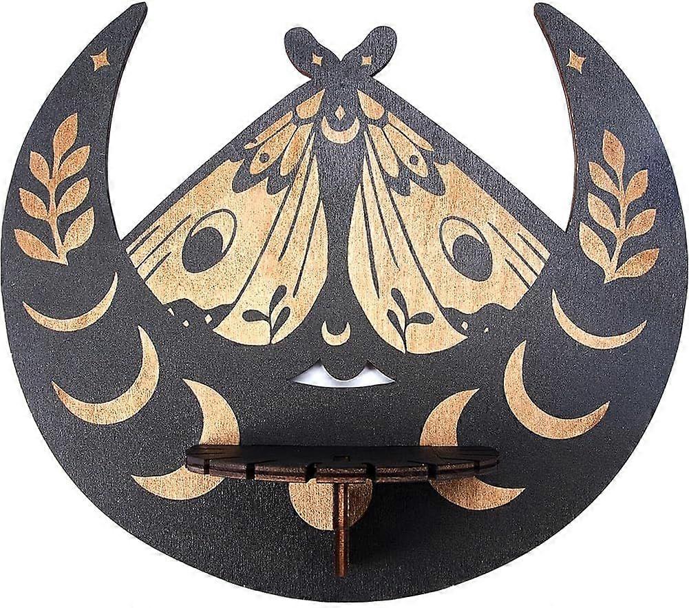 Crystal Shelf Display Wooden Floating Shelves Altar Gothic Wall Decor Rustic Moon Phase Moth Holder Shelf Hanging Witchy Stuff for Crystals Stones Ess