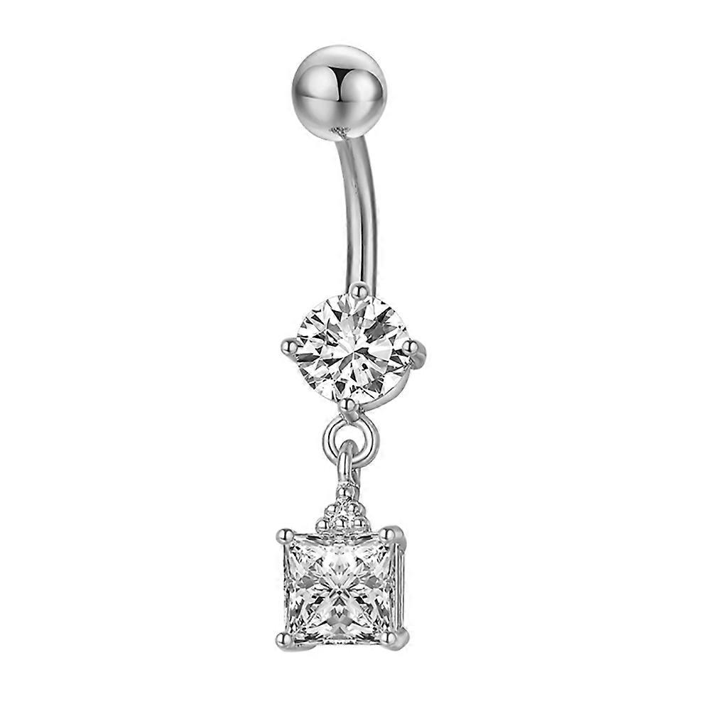 Surgical Belly Button Ring Square Shape Shining Rhinestone Body Piercing Bar(Silver white)