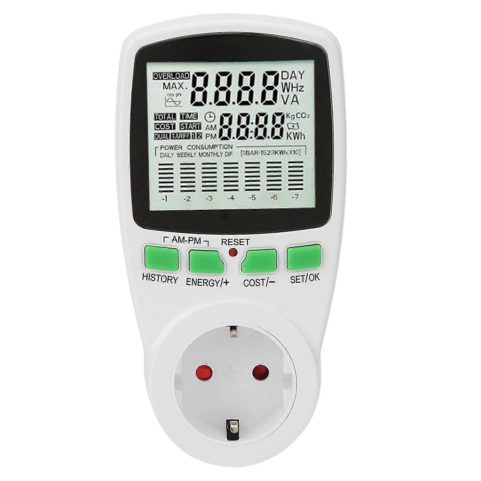 Power Meter Plug EU 230V, Energy Monitor 0.000KWh-9999KWh, 0-16A Electricity Usage Monitor