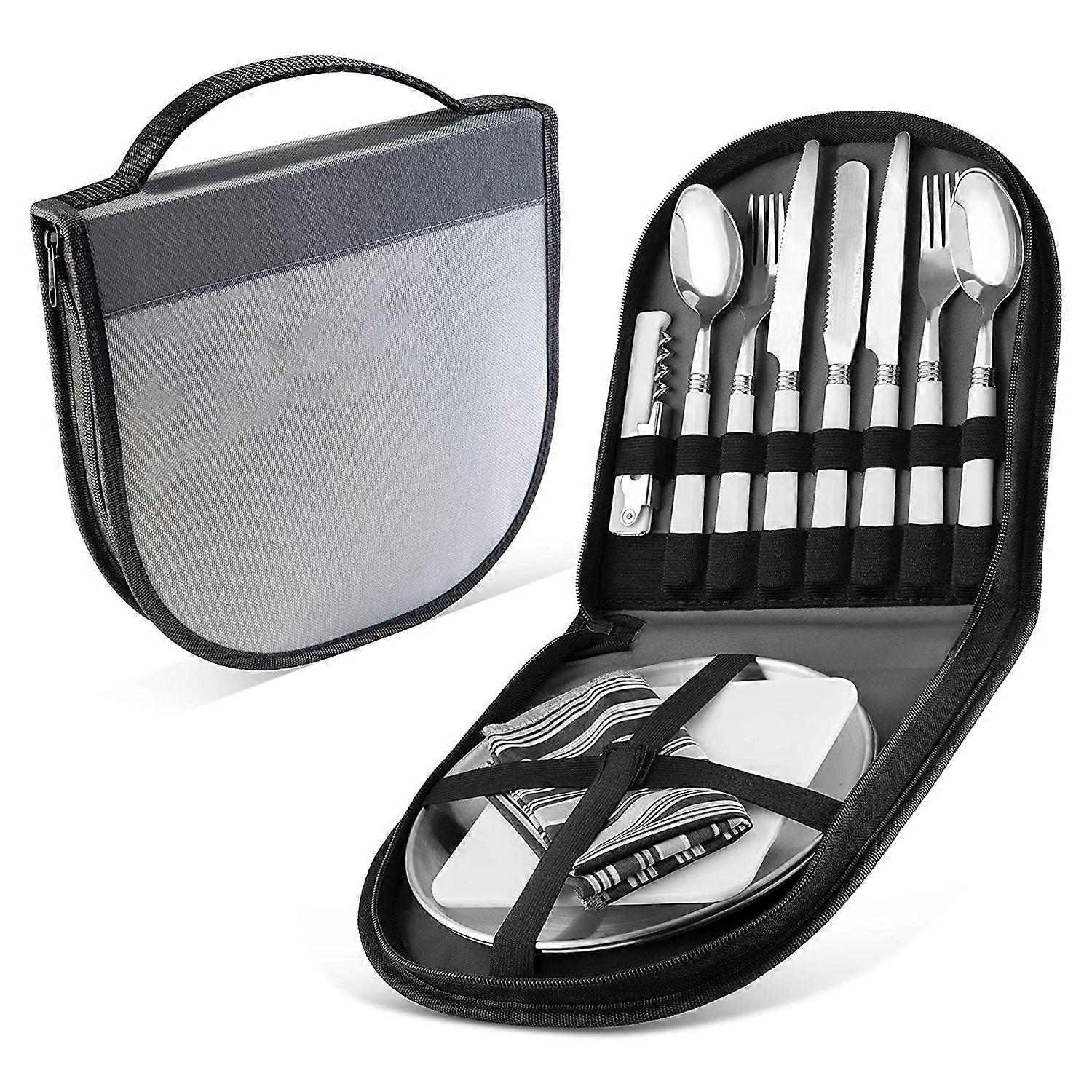 12-Piece Camping Tableware Set - Stainless Steel Plates and Cutlery for Outdoor Dining, Portable, Lightweight and Durable
