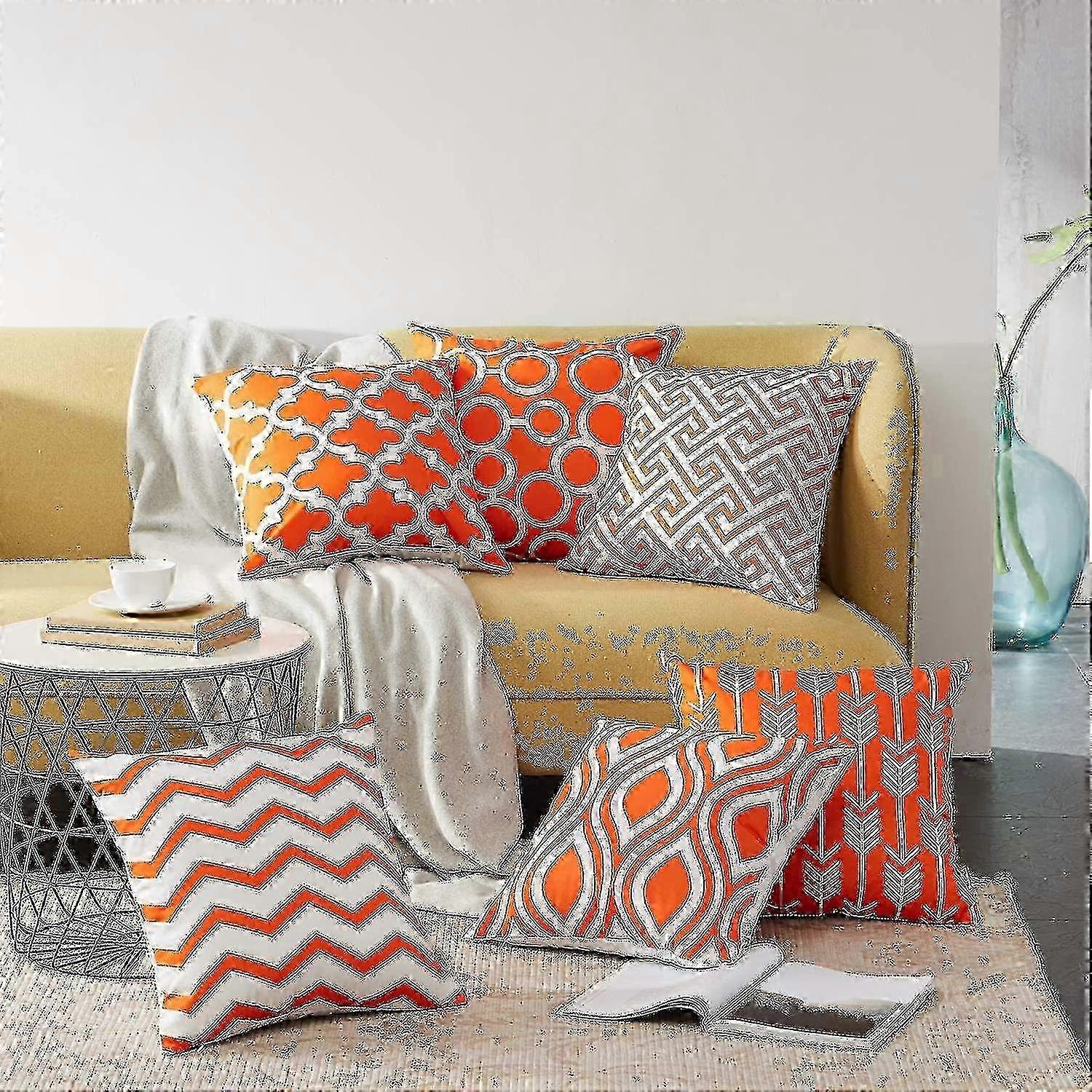 高品質のキャンバス45x45cmで作られたオレンジと白の幾何学模様の装飾的なソファカーパティオクッションカバーの6ピースセット