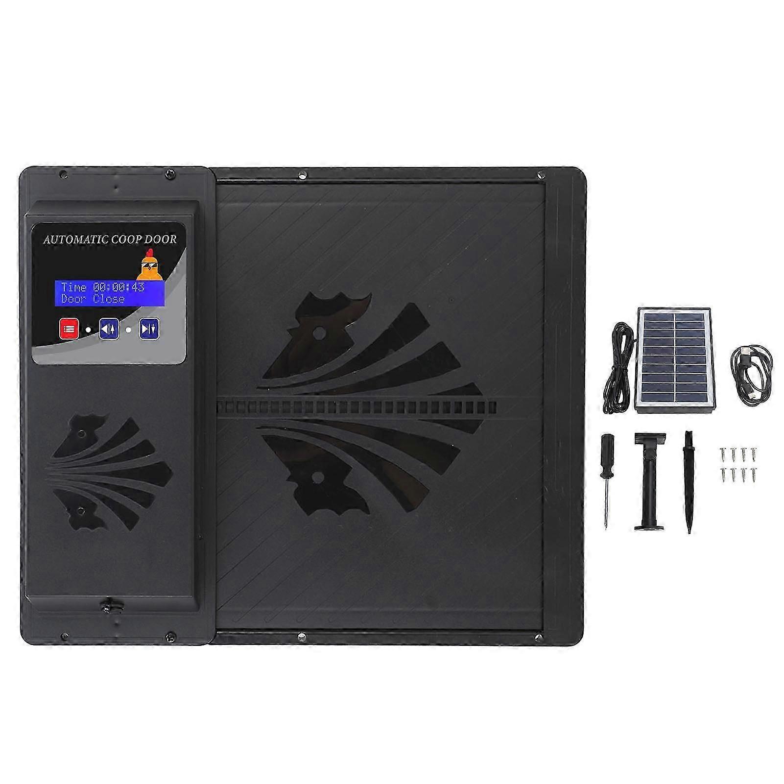 USB Solar Powered Automatic Chicken Coop Door Opener with Timer Programmable LED Display 3 Power Supply Modes Horizontally Open Type Black