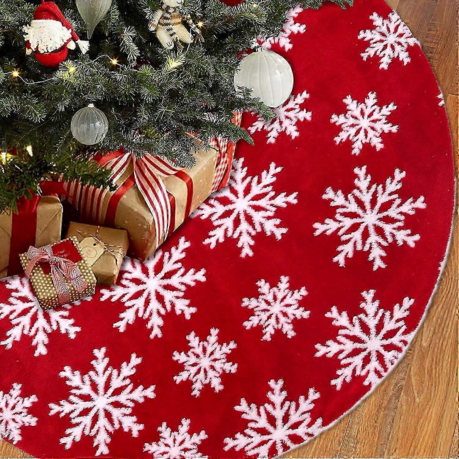 Red Snowflake Christmas Tree Skirt - 48 Inch Large Soft Cashmere Xmas Tree Skirt for Winter New Year Holiday House Decoration, Suitable for